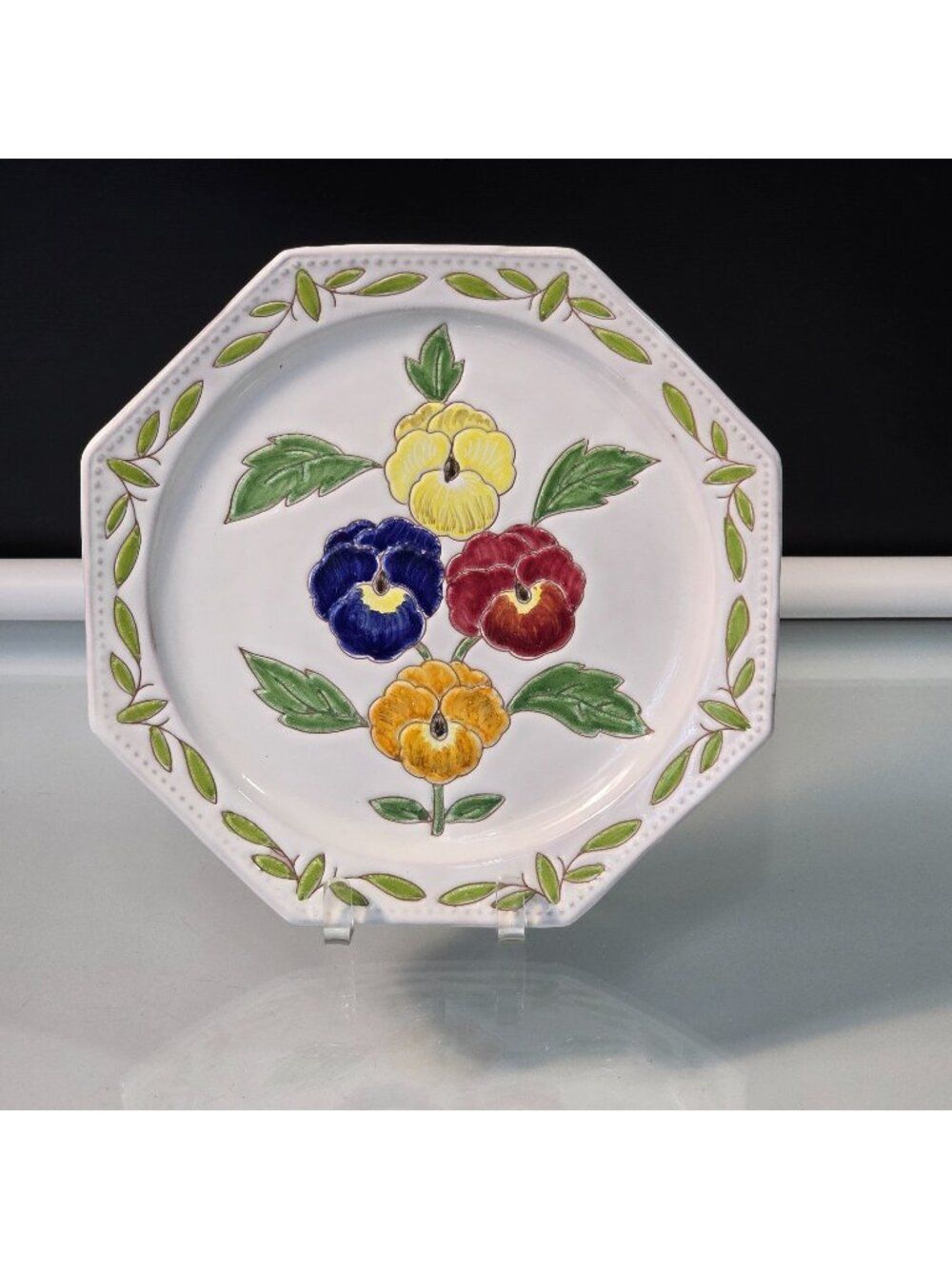 Vintage Italian 1671 Octagonal Lunch Plate 9.75" Multi Color Pansy Design